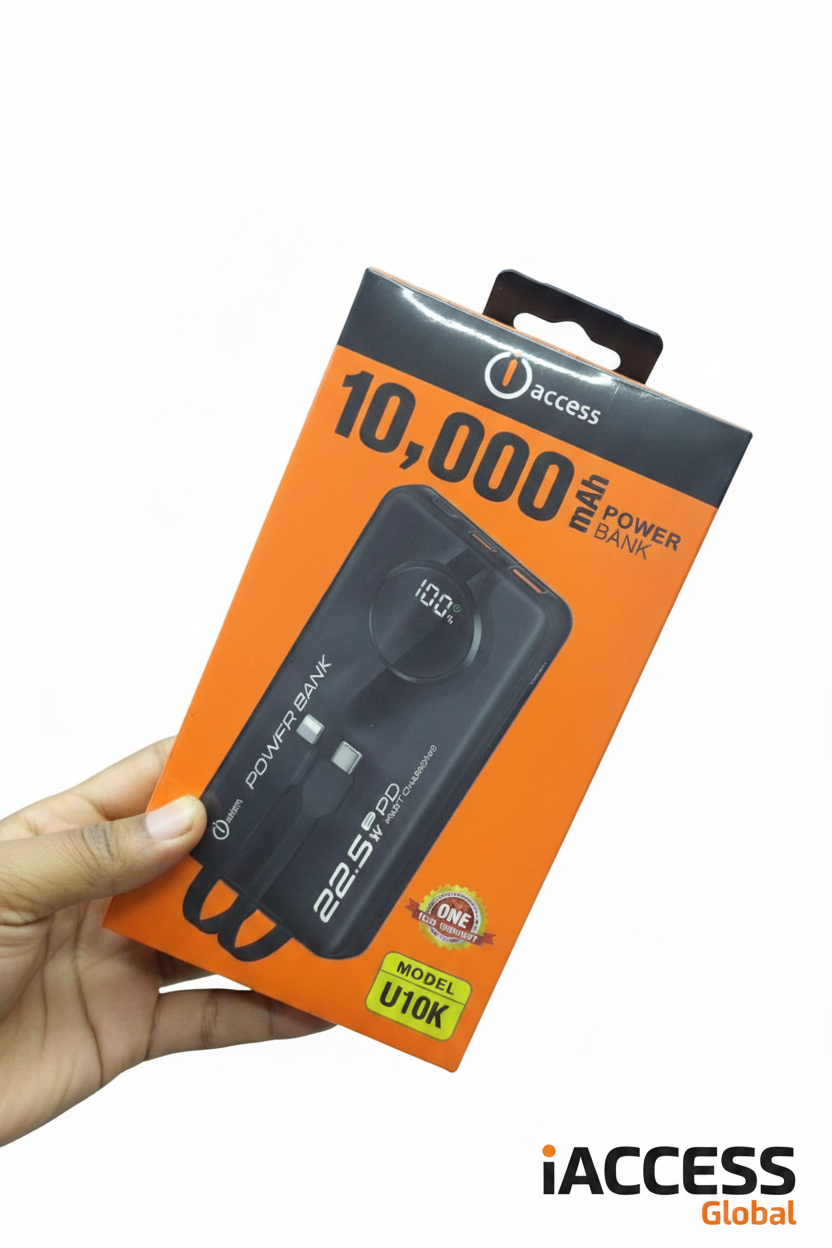 Access 10,000mAh Power Bank | 22.5W Fast Charging | Built‑in Cables