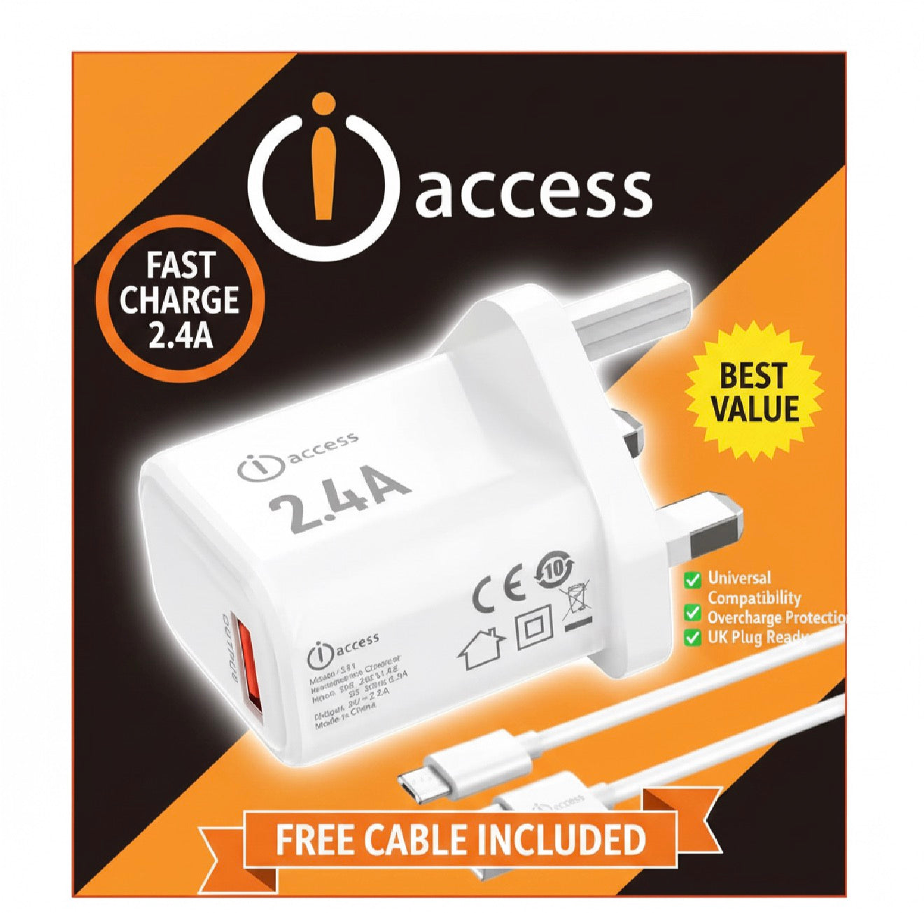 iAccess 2.4A Fast Charger + USB‑C Cable