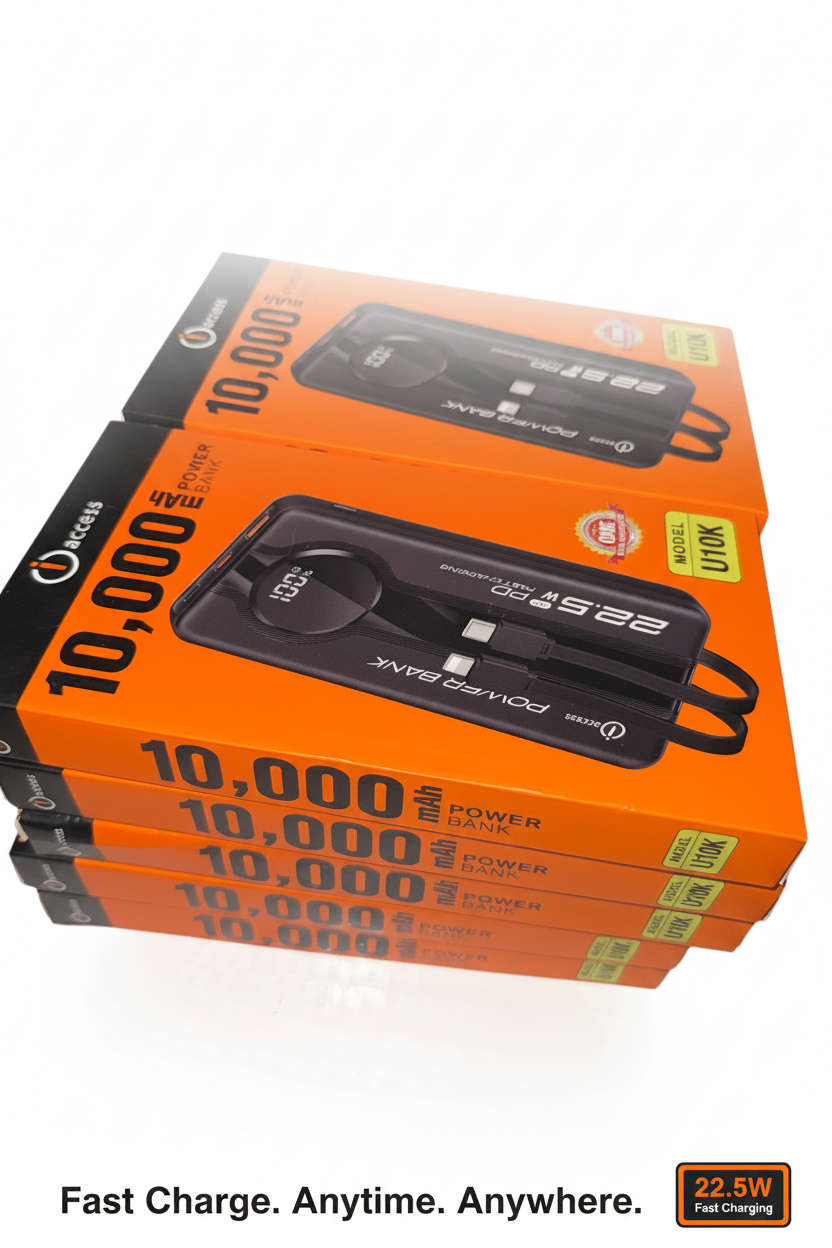 Access 10,000mAh Power Bank | 22.5W Fast Charging | Built‑in Cables